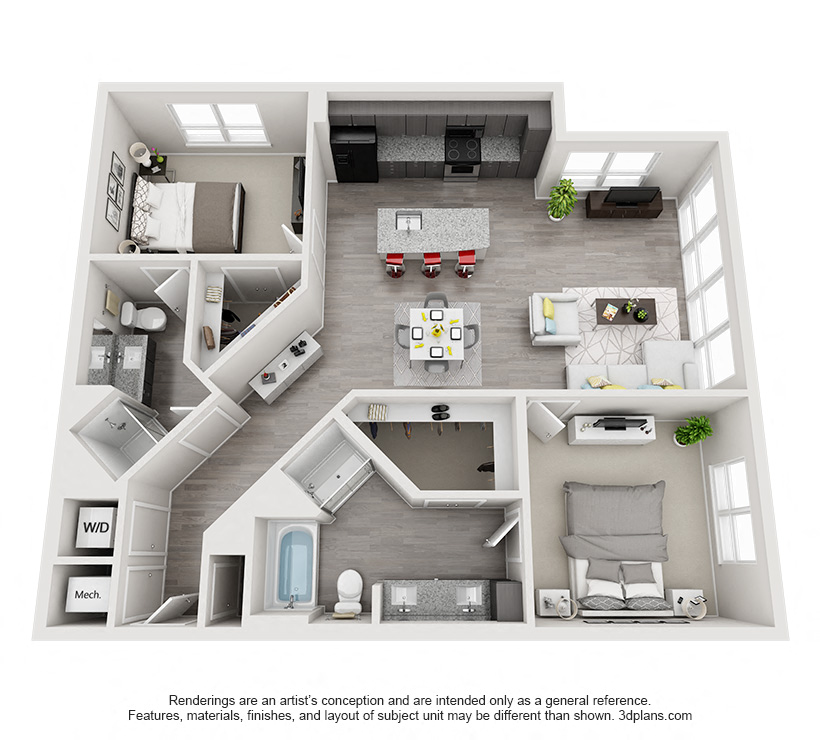 Floor plan for 2 beds, 2 baths, 1200 sqft